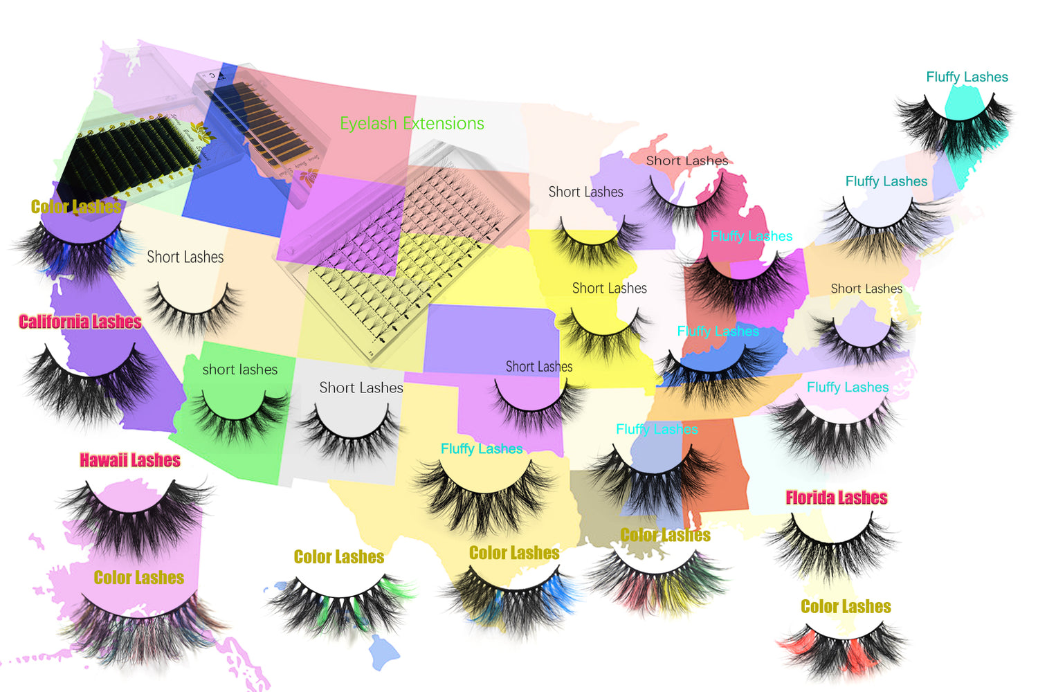 what types of false eyelashes are popular in different continent of USA?